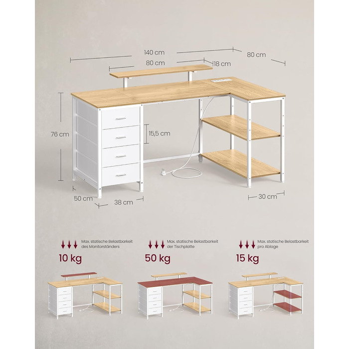 Кутовий комп'ютерний стіл VASAGLE L-подібний з розетками, 4 шухляди, USB, 160x80 см, колір натуральний дуб LWD173KD01