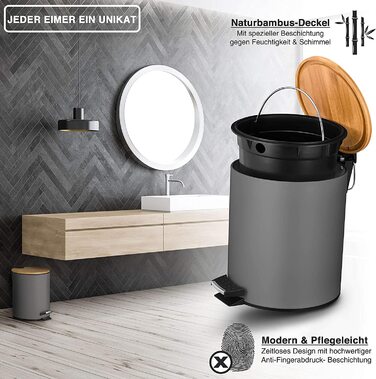 Косметичне відро VMbathrooms 5 л, сіре, з м'яким закриттям, бамбукова кришка, для ванної кімнати