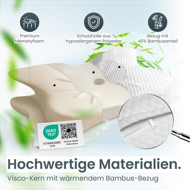 Ергономічна подушка для шиї Gentle North з ефектом пам'яті (Memory Foam), ортопедична подушка для сну на боці, спині та животі, зі знімним чохлом (61x40x12 см, біла)