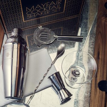 Набір для коктейлів Rusty Barrel Mayfair Original – коктейльний набір з аксесуарами та шейкером з нержавіючої сталі в подарунковій коробці, срібний