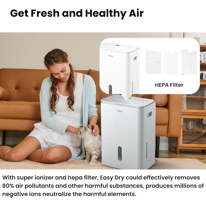 Осушувач повітря COMFEE Easy Dry 16 л/день з іонізатором, 4 режими, резервуар 3 л, для кімнат до 32 м², функція сушки білизни, підключення зволожувача, swing-функція