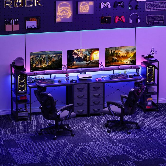 Ігровий стіл YOUDENOVA 150x50 см з LED-підсвіткою, розеткою та шухлядами, стільниця з вуглецевого волокна (карбон), чорний