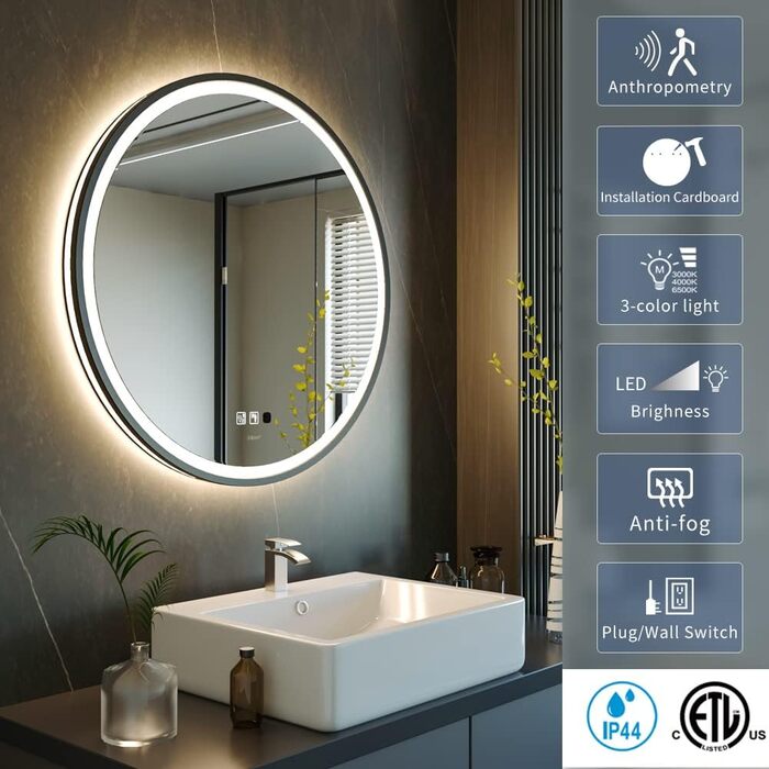 Дзеркало з LED сенсором, кругле, з індукційним датчиком руху, для макіяжу, з підсвічуванням, регульоване освітлення, антизапарник, водонепроникне (IP44), для ванної кімнати, настінне, діаметр 70 см