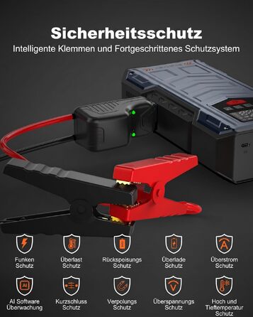Пусковий пристрій (бустер) Starthilfe 8000A з компресором 150 PSI, 9-в-1: Jump Starter 12V для бензинових та дизельних авто (до 14л), електричний насос та Powerbank з швидкою зарядкою 30W