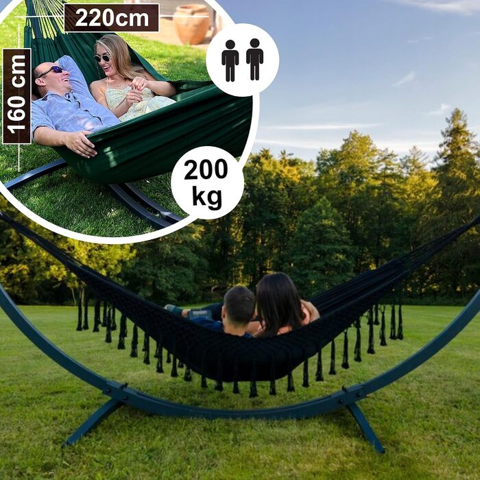 Гамак подвійний Potenza Outdoor з металевим каркасом для 2 осіб, бавовна XXL 220x160 см, до 200 кг, чорний (Santia) / сірий каркас, стійкий до погодних умов