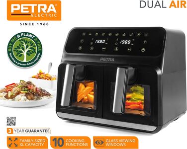 Подвійна аерофритюрниця Petra PT5196GWVDE 7,6 л, 1700 Вт, без масла, з двома антипригарними кошиками, оглядовими вікнами та 10 програмами приготування