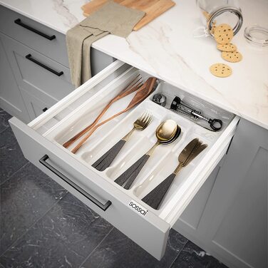 Sossai Divio органайзер для столових приборів у шухляду 45 см, 5 відділень, білий, 38x43 см, обрізний пластиковий лоток для кухні