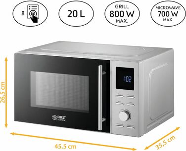 Мікрохвильова піч TZS First Austria 20 л, 1100 Вт, з грилем 800 Вт, нержавіюча сталь, LCD-дисплей, 8 авто програм