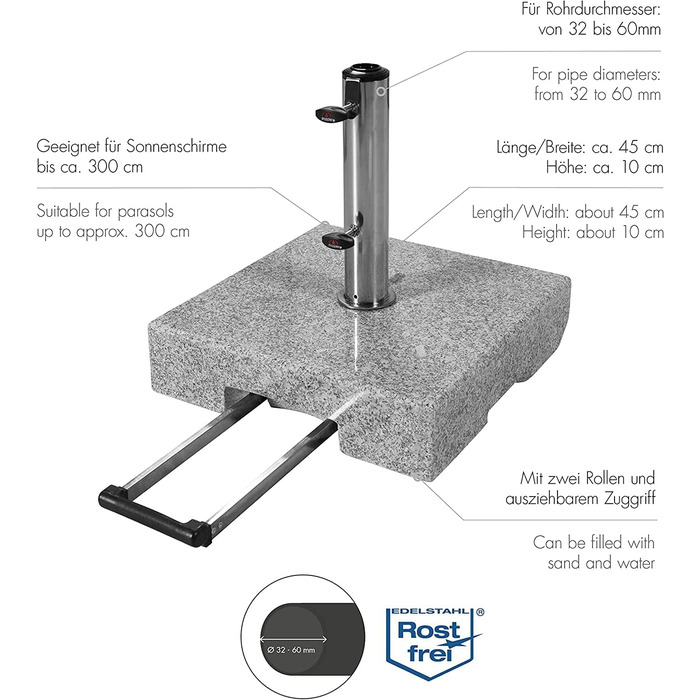 Підставка для парасольки Doppler Granitsockel з роликами, 45 кг, для парасольки діаметром до 250 см, діаметром труби 3,2-6,0 см, з висувною ручкою