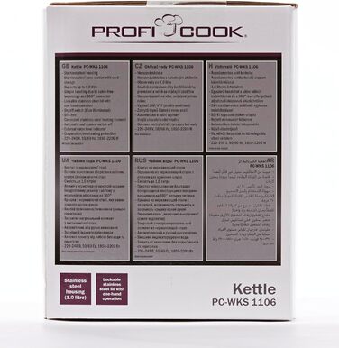 Електрочайник ProfiCook 1 л, нержавійка, 2200 Вт, компактний, BPA-free, одноручне керування, індикатор рівня води, модель PC-WKS 1106