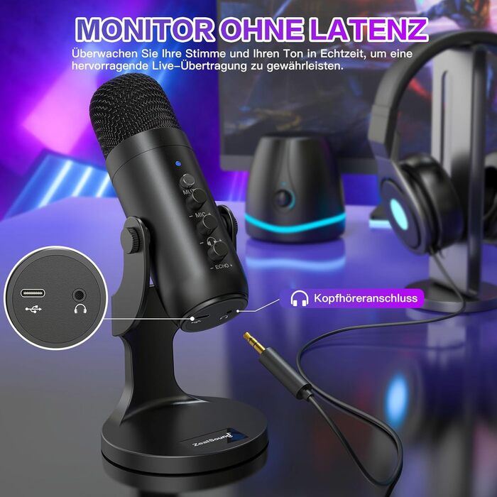 Zealsound USB конденсаторний мікрофон для ПК, смартфонів, PS4/PS5, подкастів, стрімінгу, запису, ASMR, з функціями Mute, Gain, Echo, адаптером для телефону, сумісний з Mac і Windows