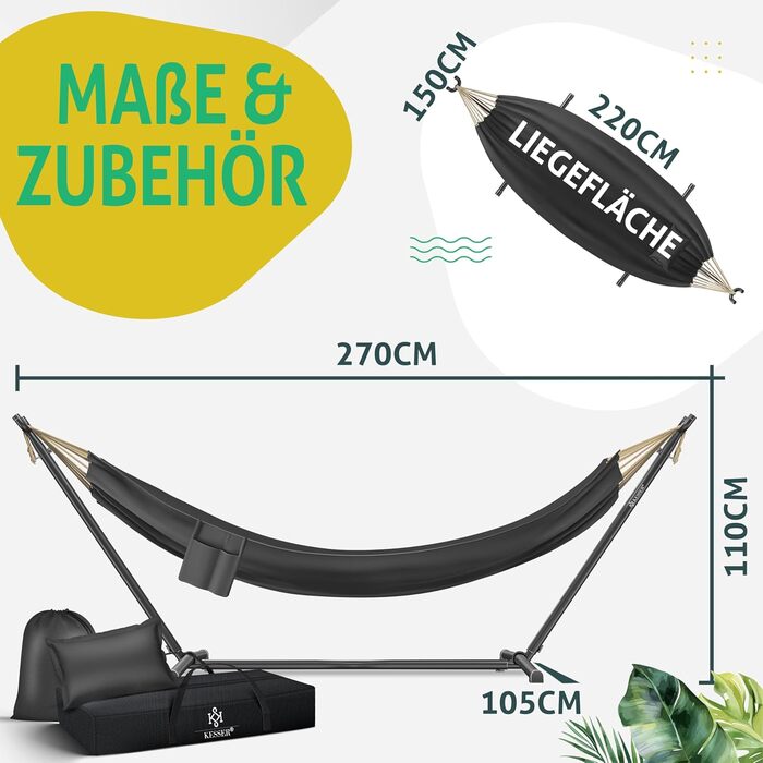 Гамак KESSER® Lake з каркасом для 2 осіб, до 200 кг, для дому та саду, XXL, антрацит. З подушкою, сумкою та мішком.