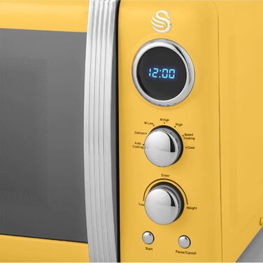 Мікрохвильова піч Swan Retro 20 л, 800 Вт, жовта, цифрова, 5 режимів, розморожування, таймер 60 хв, дзеркальні дверцята, вінтажний дизайн