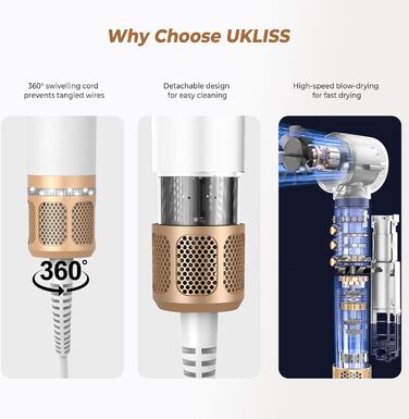 UKLISS Airstyler – багатофункціональний стайлер для волосся 7 в 1, фен-щітка з дифузором, автоматичний плойка, 110000 об/хв, для всіх типів волосся, білий