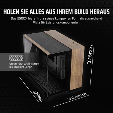 Корпус для ПК CORSAIR 2500X mATX, подвійна камера, загартоване панорамне скло, сумісний з реверсивним підключенням материнської плати, без вентиляторів, чорний/горіх