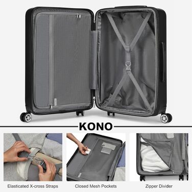 Валіза KONO XL чорна, розширювана, твердий корпус, з TSA-замком (75 x 47.5 x 29.5 см)