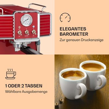 Кавомашина еспресо Klarstein Gusto Classico 1350 Вт, 20 бар, червона. Рожкова кавоварка з нержавіючої сталі, резервуар 1.5 л