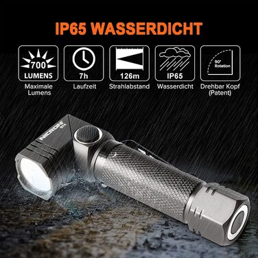 NICRON B74 LED ліхтарик 90° з магнітом, 700 люмен, 5 режимів, акумуляторний, IP65, для туризму, аварій, біле світло, з функцією пам'яті