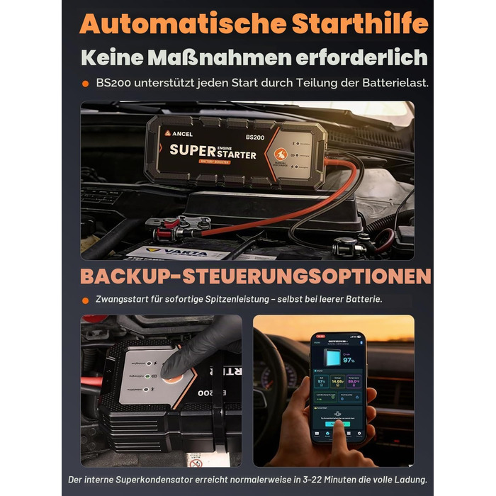 Бустер для автомобіля ANCEL BS200: автоматичний пусковий пристрій (Jump Starter) з конденсатором, 700А, монітор стану та підтримка акумулятора, чорний