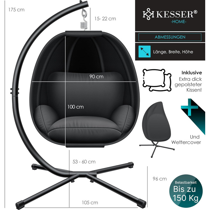 Підвісне крісло-кокон KESSER Luxe з каркасом, м'якою подушкою та захистом від дощу, для дому і саду, антрацит, навантаження до 150 кг