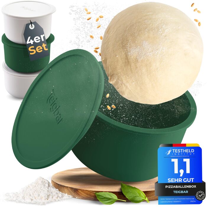 Коробка для тіста для піци Teigbar з кришкою, 4 шт, Ø13 см (чорно-сірий/біло-зелений), силікон, до 350г