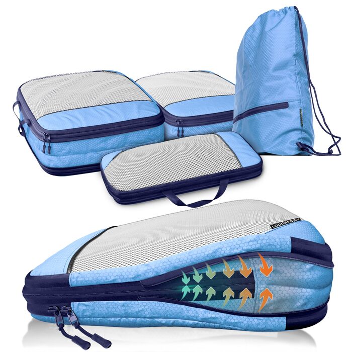 Набір компресійних органайзерів для одягу в дорогу (Packing Cubes), 4 шт, синій Mariner's Azure — аксесуари для валізи, рюкзака, кемпінгу та подорожей