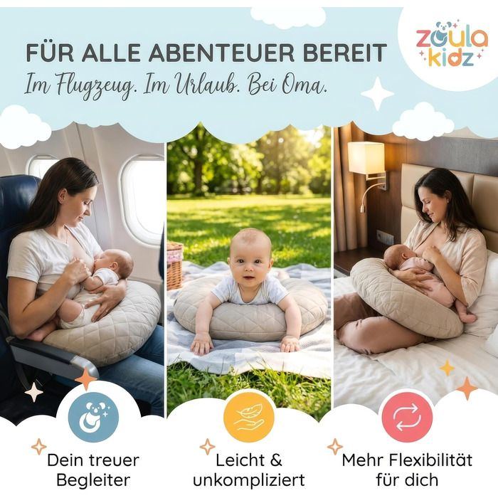 Надувна подушка для годування Zoula Kidz Stillmond Mondkissen - портативна, з бавовняним чохлом OEKO-TEX, регульована висота, для подорожей
