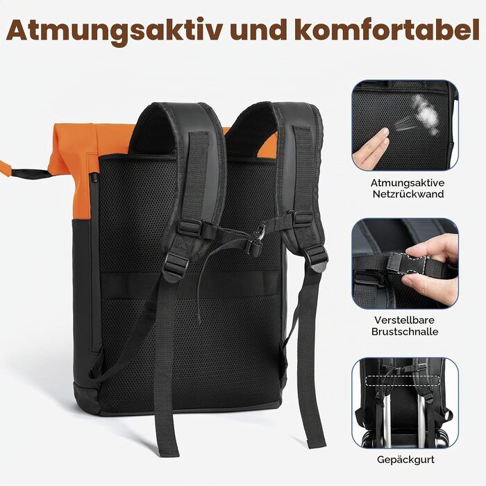 Водонепроникний рюкзак для ноутбука Rolltop 18-25Л, помаранчевий (30x13x48 см)