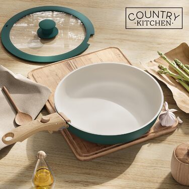 Набір посуду Country Kitchen 16 предметів: каструлі та сковорідки з антипригарним покриттям, знімними ручками Soft-Touch, для дому та кемпінгу, придатний для духовки (сіро-зелений)