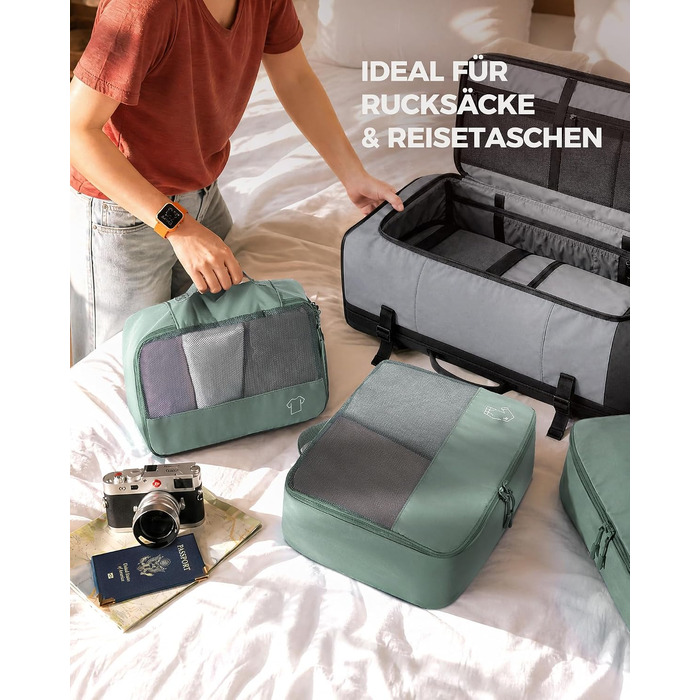 Набір органайзерів для валізи та рюкзака Packing Cubes, 8 предметів, сіро-зелений — дорожній набір для пакування речей