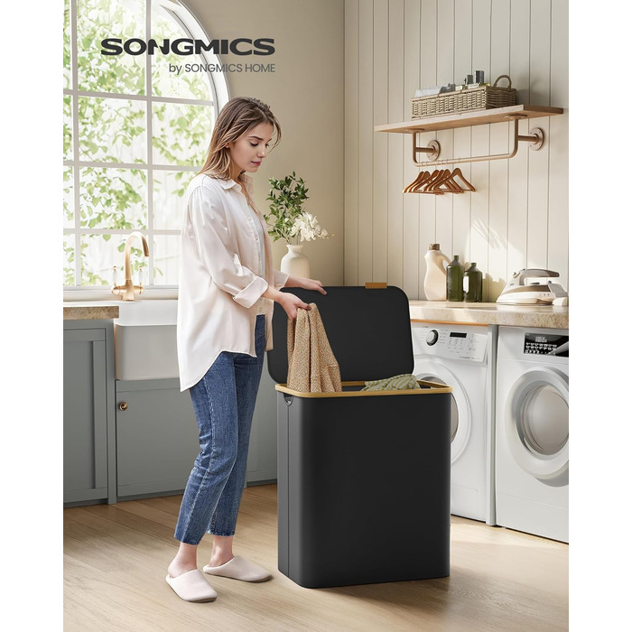 Кошик для білизни SONGMICS з кришкою, 3 секції, 150 л, складаний, знімний мішок, оксфордська тканина, бамбукові ручки, чорний, 60x38,5x70,5 см