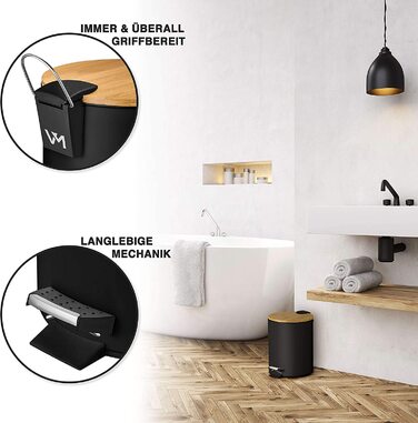 Косметичний відро для сміття VMbathrooms 5 л, чорне матове, з бамбуковою кришкою, педаллю та механізмом плавного закривання, для ванної кімнати