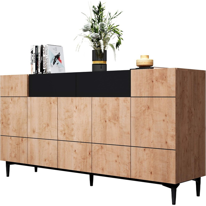Комод Newfurn чорний дикий дуб, вінтажний індустріальний стиль, 180x90x42 см, для вітальні, спальні, передпокою, їдальні