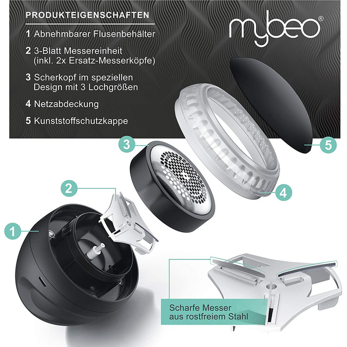 Електричний акумуляторний машинка для видалення катишків Mybeo, USB зарядка, для різних тканин, чорний, з безпечним вимикачем