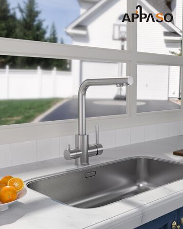 Змішувач кухонний APPASO 3 в 1 з фільтром для води, нержавіюча сталь, поворотний на 360°, двовентильний