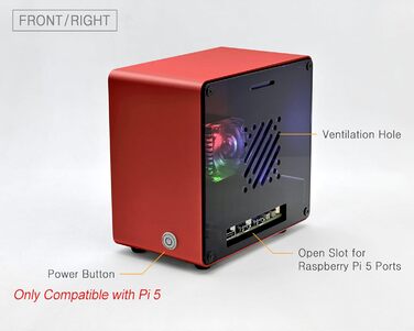 Алюмінієвий корпус ElectroCookie Mini Tower для Raspberry Pi 5 з вентилятором і підсвіткою RGB (червоний)