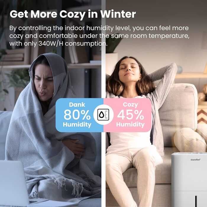Осушувач повітря Comfee 12 л/добу для приміщень до 20 м², LED дисплей, проти вологи та плісняви, модель MDDN-12DEN7