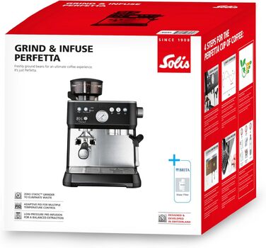Кавомашина Solis Grind & Infuse Perfetta 1019 з вбудованою кавомолкою та функцією приготування еспресо, капучино та гарячої води (чорна)