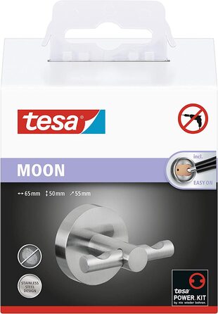 Гачок для рушників tesa MOON, хромований нержавіючий метал, настінний монтаж без свердління, з клейкою основою, 60x50x55 мм, для ванної та гардеробу