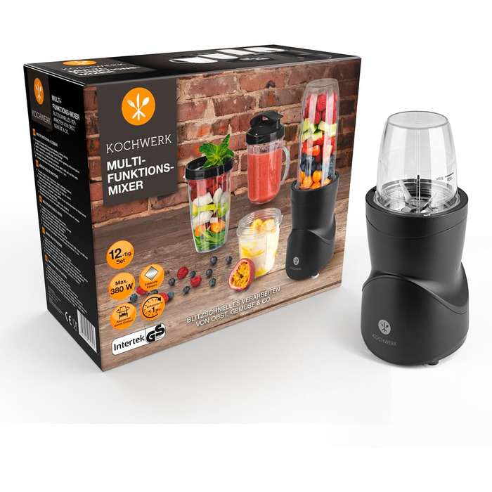 Блендер KOCHWERK Smoothie Maker 12-в-1, 4 чаші, To-Go кришка, подрібнення льоду, для фруктів, овочів і горіхів, міні-стаціонарний, BPA-Free, чорний