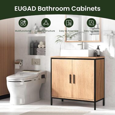 Тумба під умивальник EUGAD 60x60x30 см, чорна, деревостружкова плита, з металом, для ванної, з регульованою перегородкою
