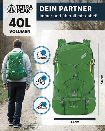 Туристичний рюкзак Terra Peak Flex 40 Premium 40 л, з вентиляцією спини, дощовиком, тримачем для питної системи, 3D Air Mesh, синій