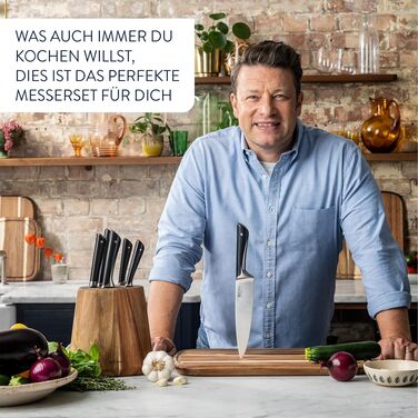 Набір кухонних ножів Jamie Oliver від Tefal з підставкою, 6 предметів: кухонний, сантоку, для хліба, універсальний та ніж для чищення, сталь з криозагартуванням, блок з акації, коричневий, K267S556