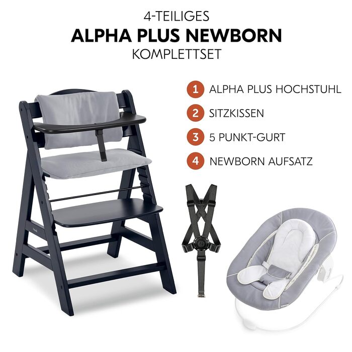 Високий стільчик для годування Hauck Alpha+ Newborn Set - з 2в1 гойдалкою. Дерев'яний стільчик для немовлят від народження, з м'якою подушкою та вкладишем для новонароджених (Classic, Чорний)
