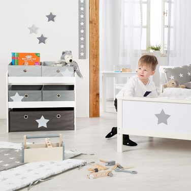 Дитяча іграшкова полиця roba Stars, 5 текстильних ящиків, біле дерево, для зберігання іграшок у дитячу кімнату, зірки, для хлопчиків і дівчаток