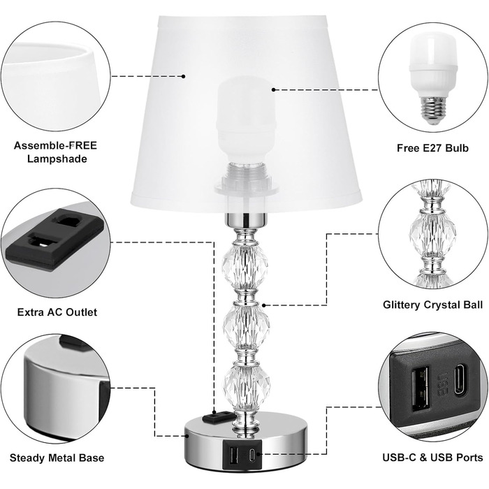 Настільна лампа Kakanuo з димером, 2 шт, кришталева, USB-A+C, LED, сучасна, білий текстильний абажур, для спальні, вітальні, офісу, готелю, 37 см