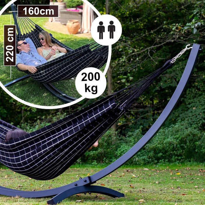 Гамак з каркасом Potenza Outdoor для 2 осіб, бавовна XXL 220x160 см, до 220 кг, сталевий каркас (чорний/коричневий)