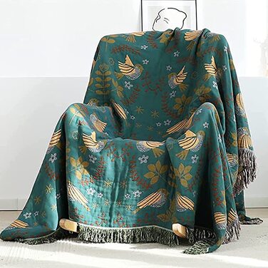 Багатофункціональна плед-ковдра HOORDRY Boho з натуральної бавовни, 200×230 см, Блакитно-зелений принт з пташками та квітами