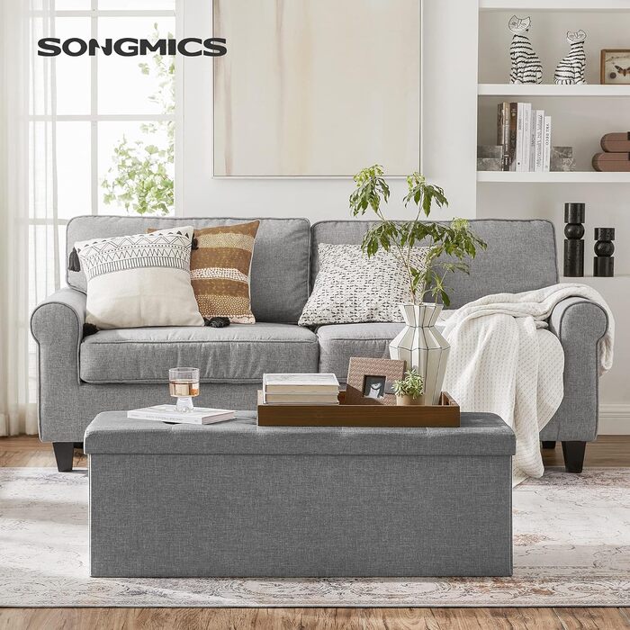 Складаний пуф SONGMICS з відсіком для зберігання, 110×38×38 см, до 300 кг, для вітальні, спальні, коридору, сірий