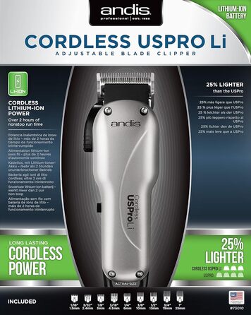 Машинка для стрижки волосся Andis Uspro Lithium, провідна/безпровідна, регульоване лезо, 2 години роботи, універсальна, срібляста